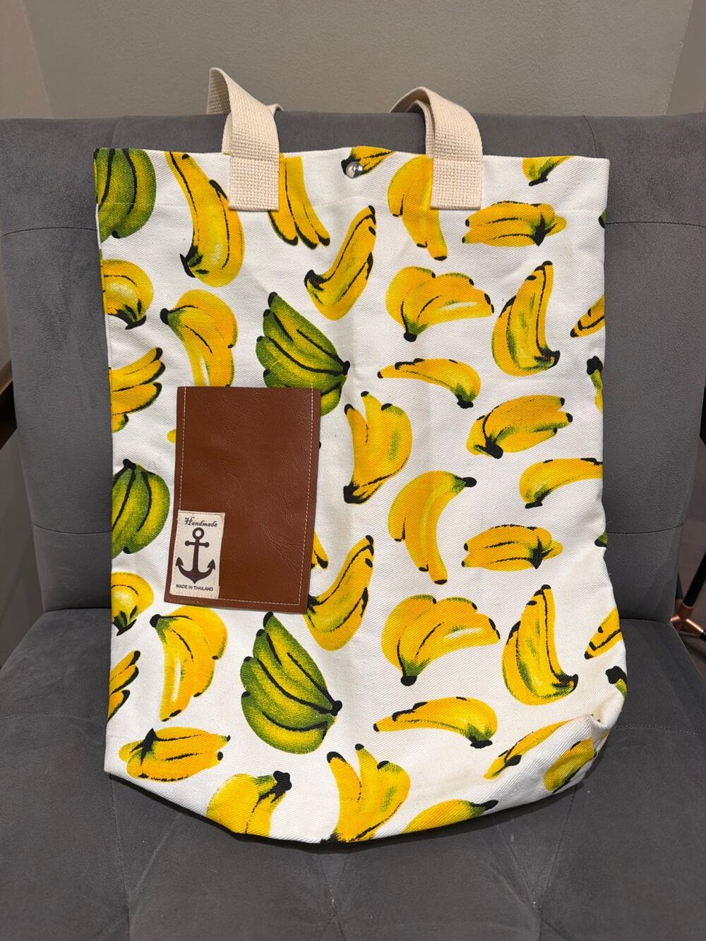 Handmade Banana Print Canvas Tote Bag Summer Beach Grocery Shopper Brown Pocket